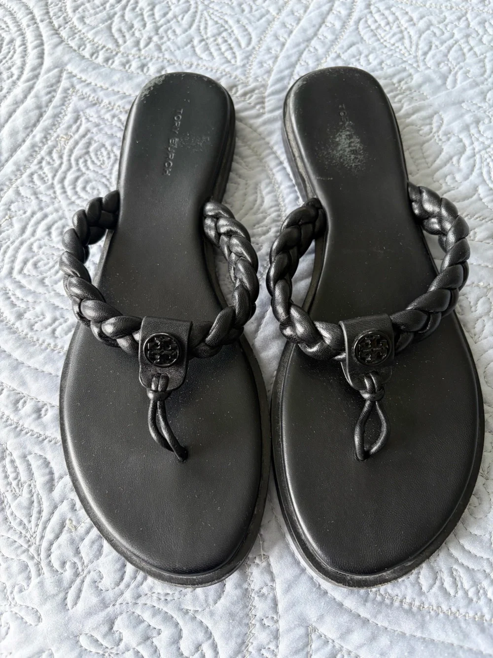 Tory Burch Black Braided Leather Thong Sandals with Logo Accent
